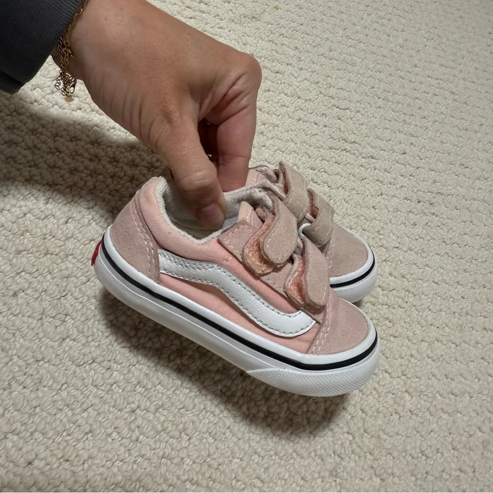 Kids Pink Velcro Vans with White Side Stripe